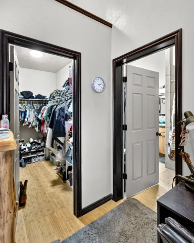Walk-in closet featuring wood-finish flooring and built-in shelving