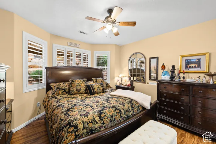 Wood-finish flooring, ceiling fan with light fixture, and multiple windows with white plantation shutters