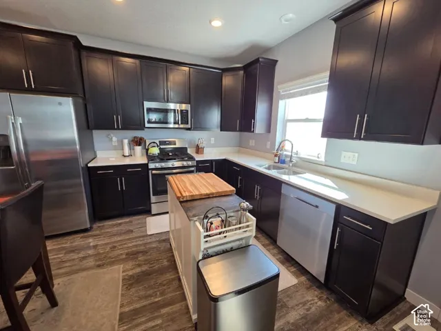 Kitchen featuring dark wood cabinetry, light-toned countertops, stainless steel appliances, wood-finish flooring, and a central island