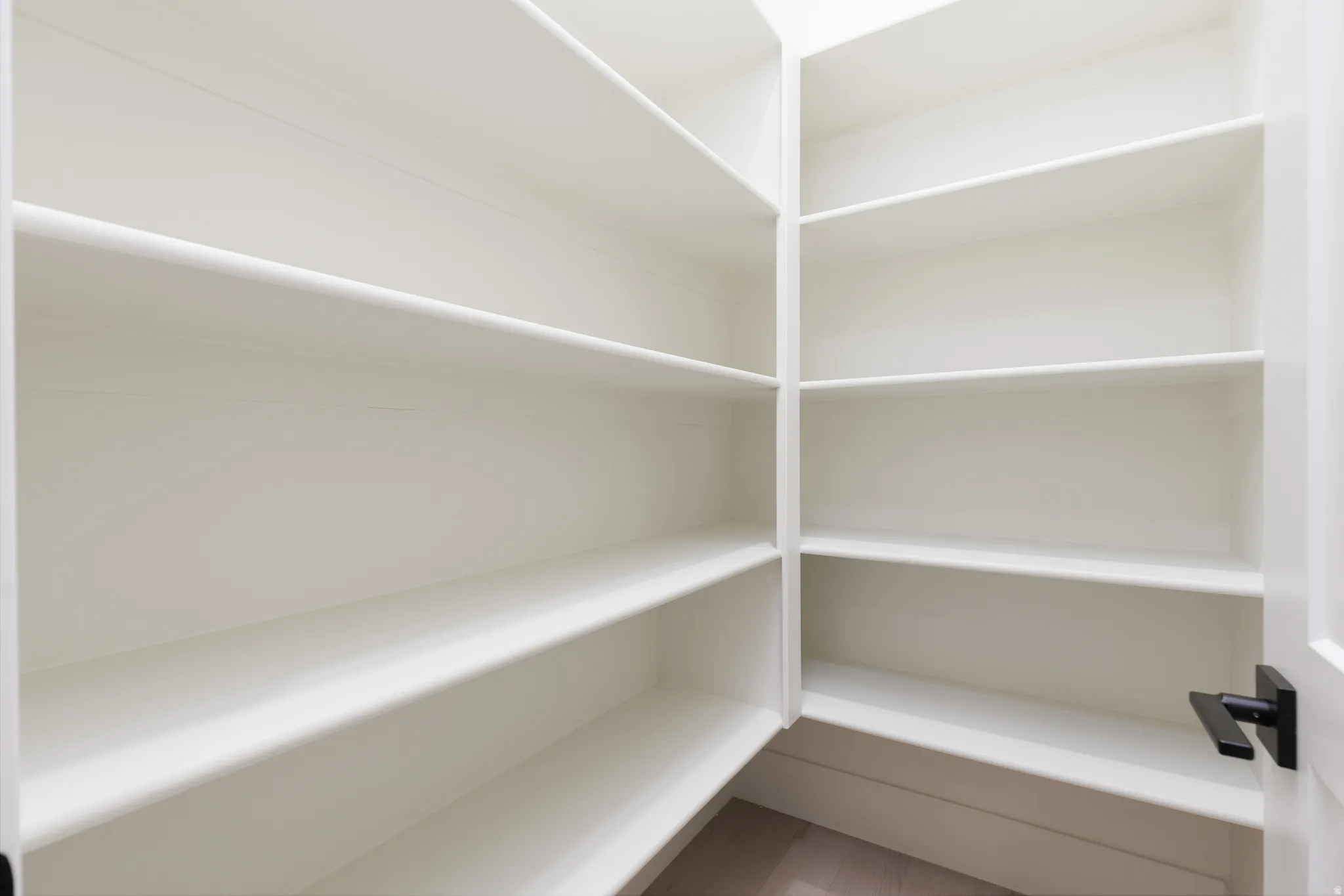 Expansive pantry featuring wrap-around shelving, clean white finishes, and a contemporary matte black door handle