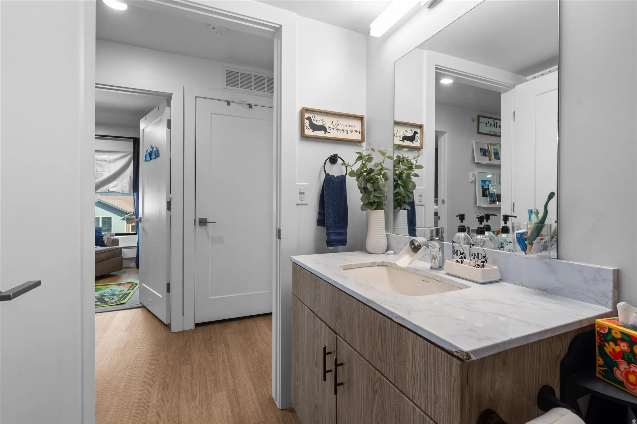 Wood-finish flooring, white solid core doors, wall-mounted mirror, vanity with a light-toned countertop, and modern cabinetry with dark hardware
