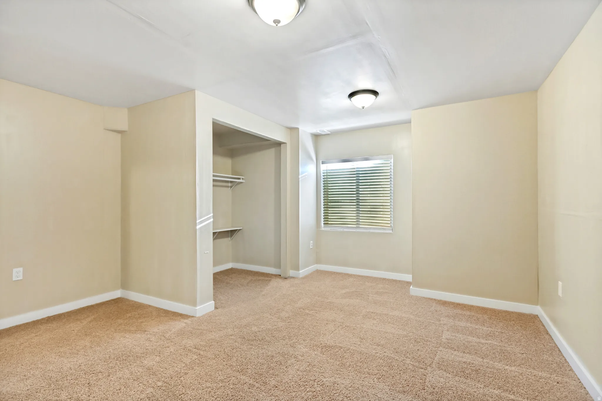 Carpeted flooring with an open closet and built-in shelving