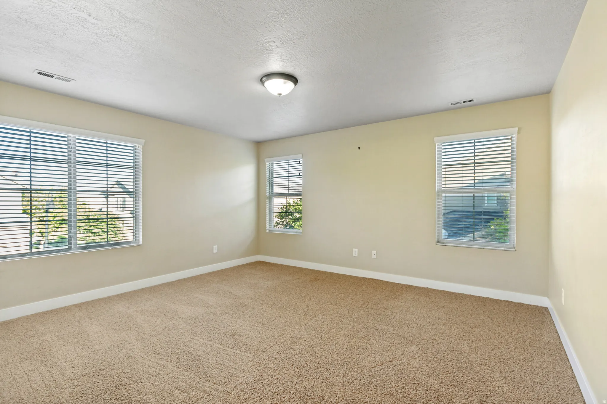 Carpeted flooring, three windows with horizontal blinds, flush mount ceiling light fixture, and neutral wall paint