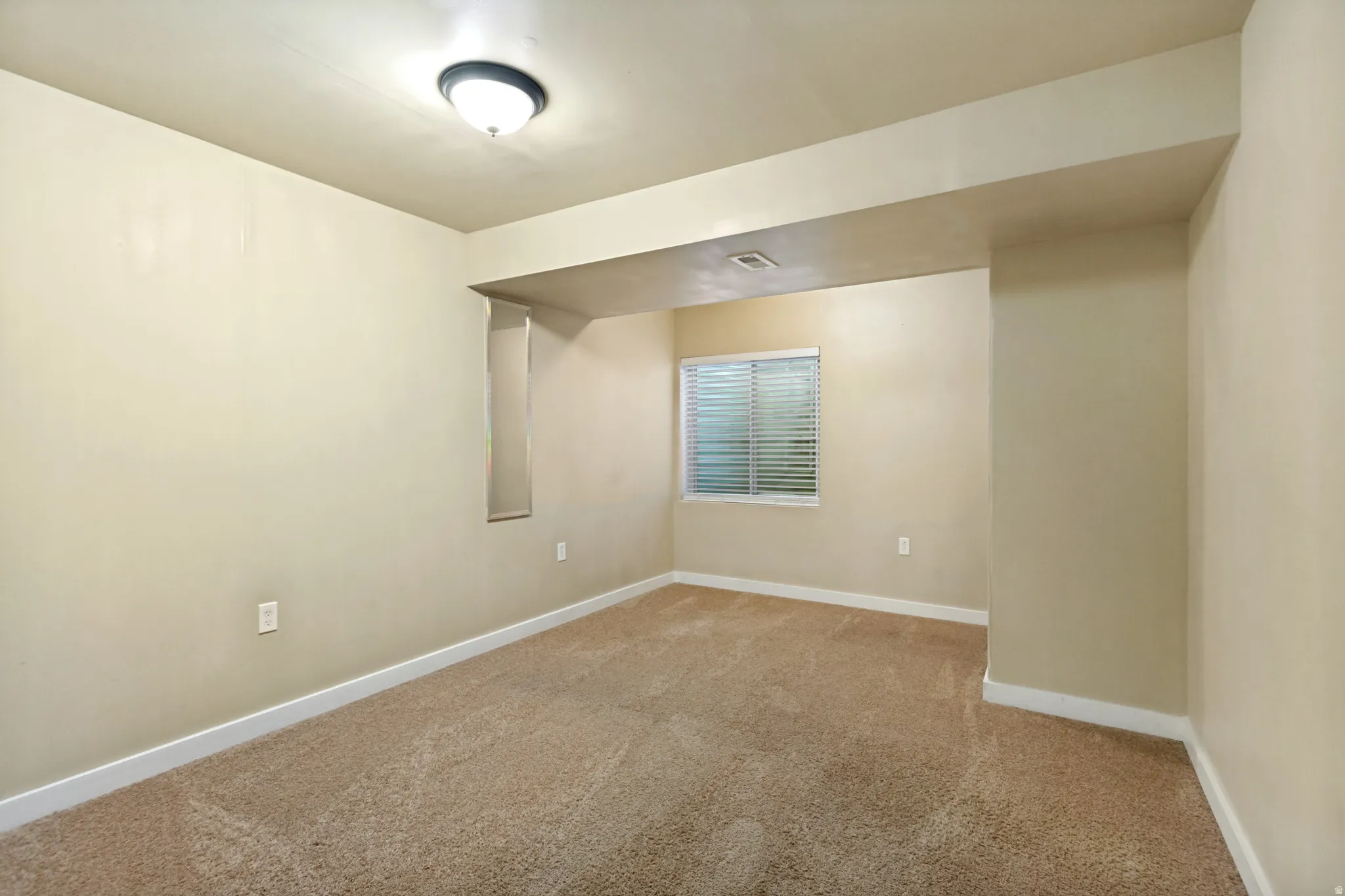 Neutral-toned carpet flooring, a window with horizontal blinds, and a flush-mount ceiling light fixture