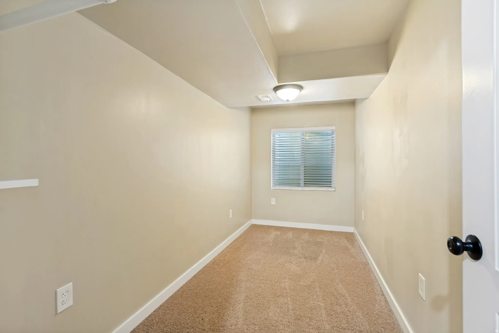Recessed window with blinds, overhead flush-mount lighting, and neutral carpeting
