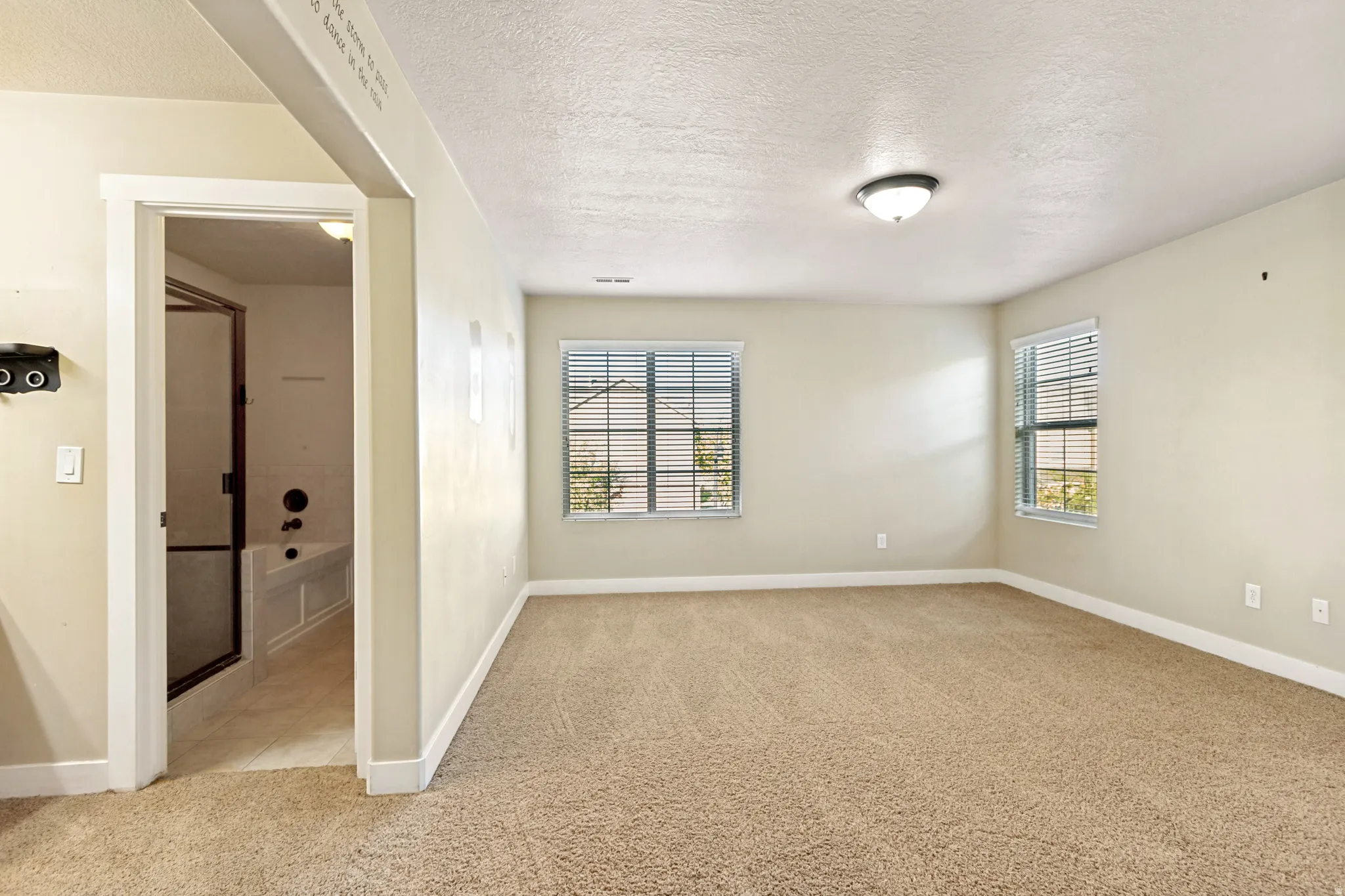 Carpeted room with two windows, a ceiling-mounted light fixture, and an adjacent bathroom featuring a tub and shower with a glass enclosure