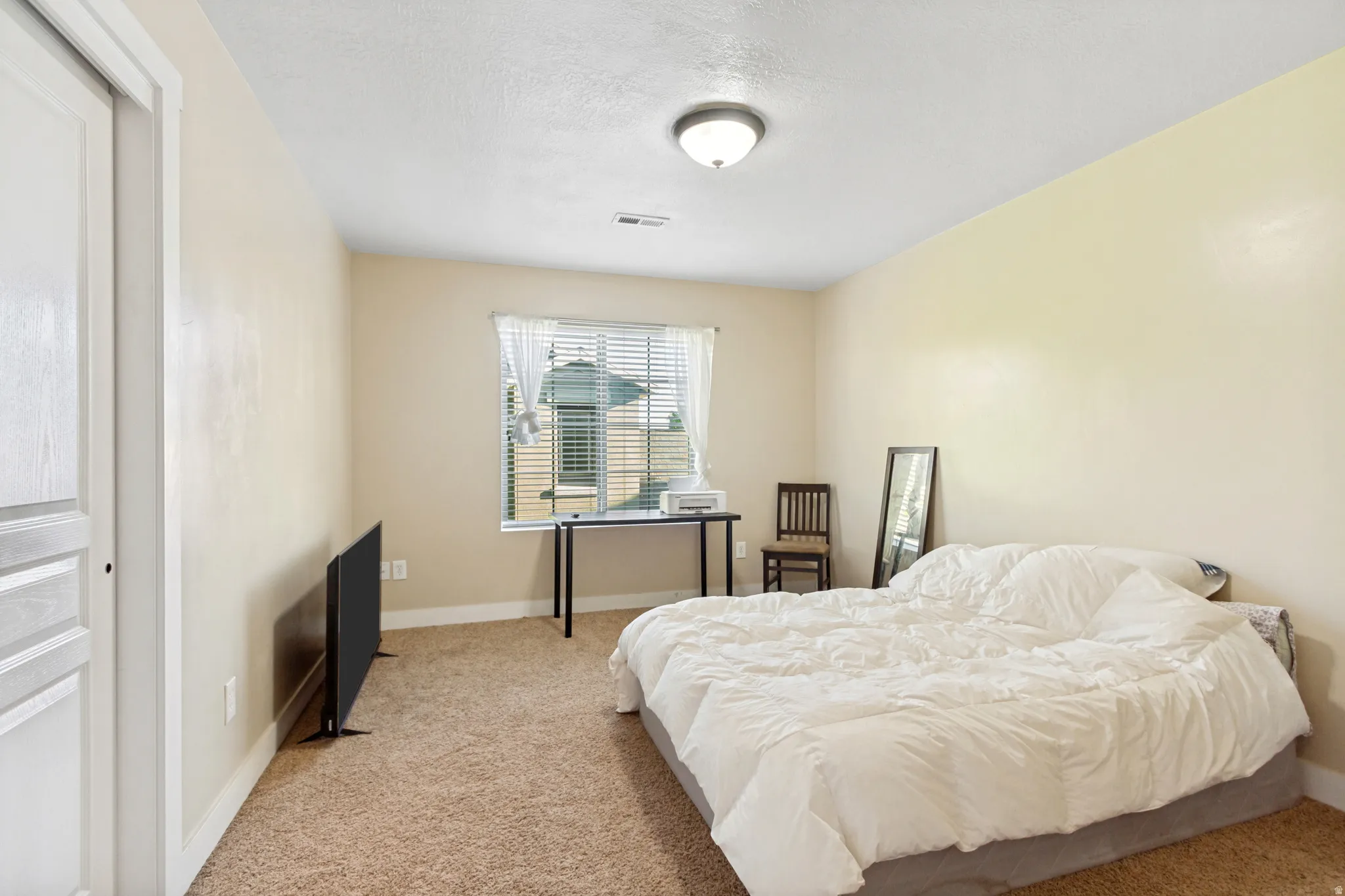 Light-colored carpeting, window with blinds, overhead flush mount light fixture, and a white paneled door