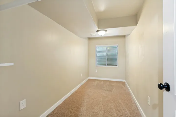 Recessed window with blinds, overhead flush-mount lighting, and neutral carpeting