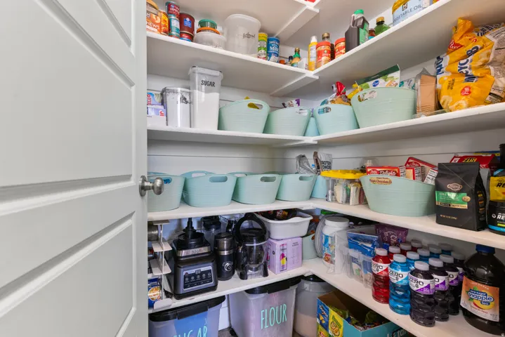 Built-in pantry shelving featuring white finishes and a white paneled door