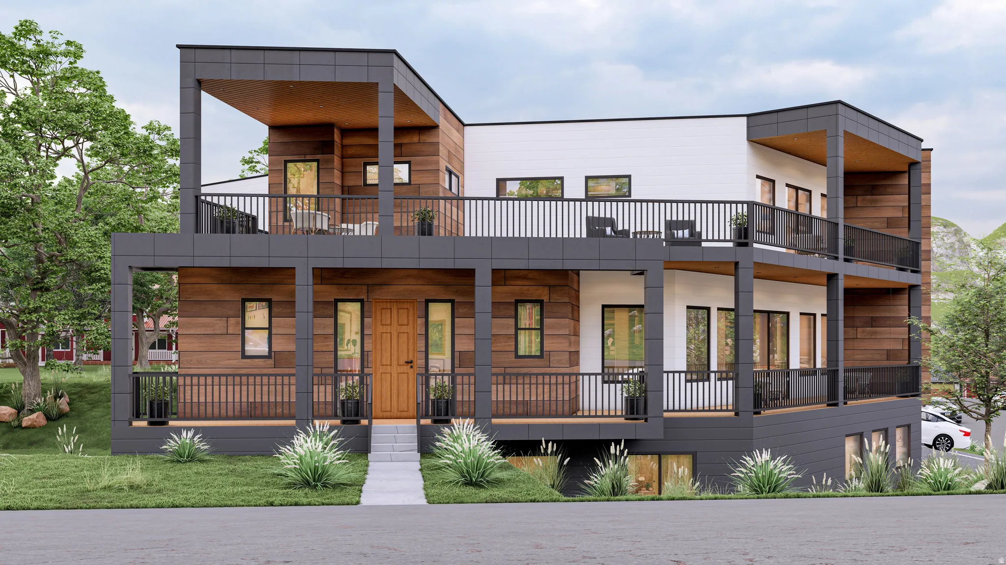 Modern multi-level exterior with wood-finish and white siding, featuring two cantilevered balconies with dark railings, and a prominent front door with a concrete walkway