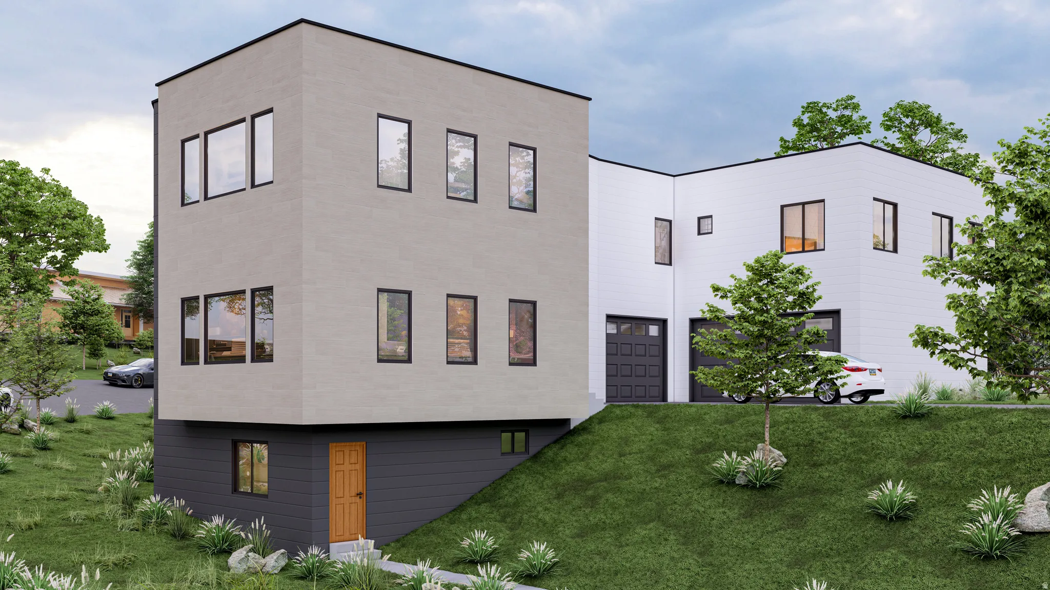 Modern architectural design with contrasting light and dark exterior finishes