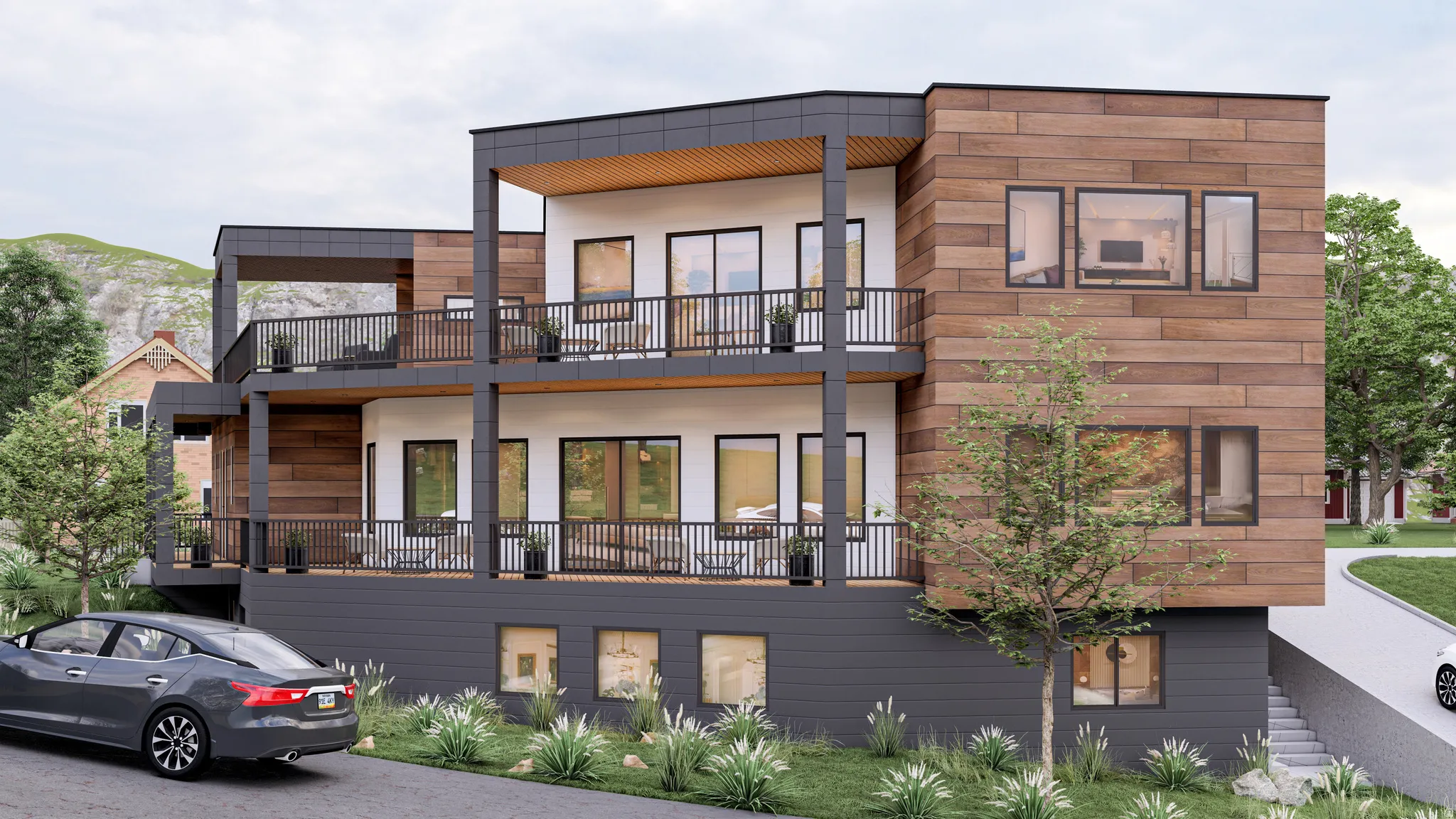 Modern architecture featuring a wood-finish facade, multiple balconies with dark railings, a white and dark gray exterior, and varied window placements