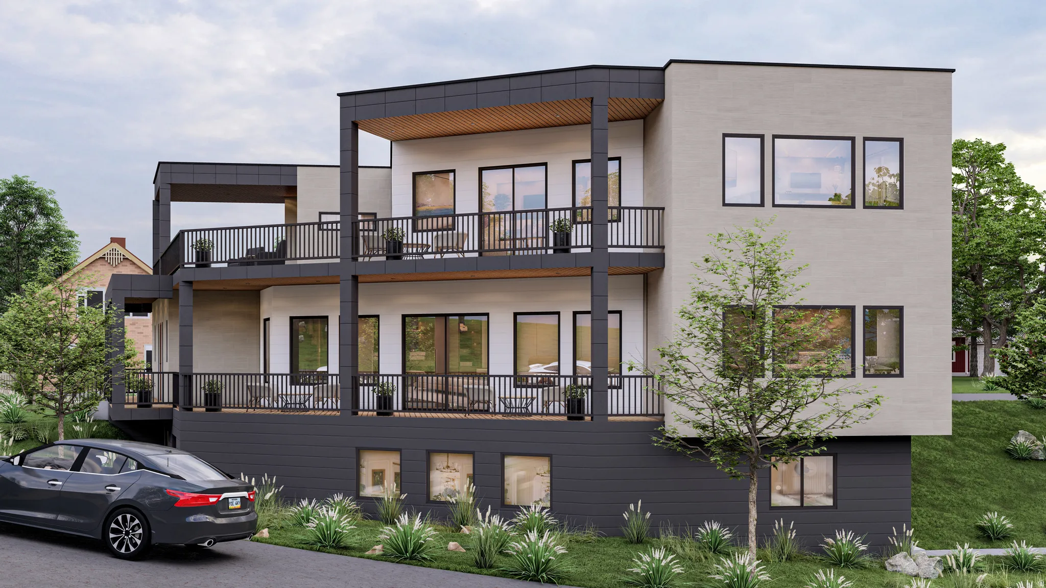 Modern multi-story facade featuring light-toned masonry and dark siding