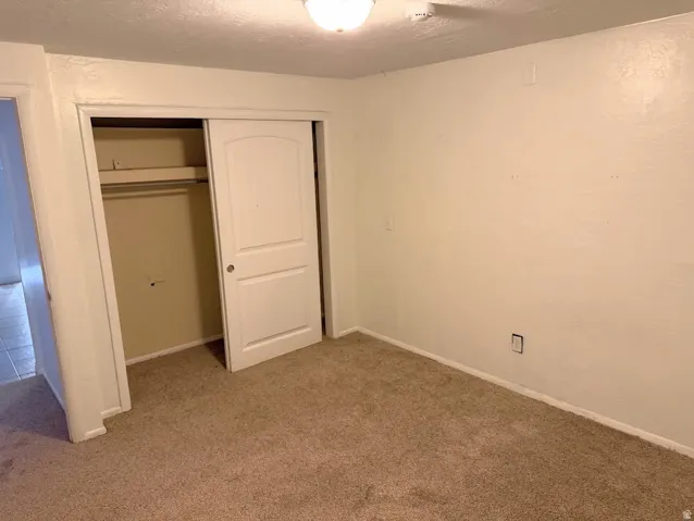 Wall-to-wall carpeting with light-colored walls and a built-in closet featuring sliding panel doors