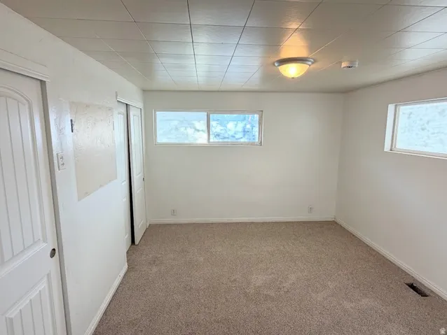 Carpeted room featuring multiple windows, a ceiling-mounted light fixture, and white painted walls