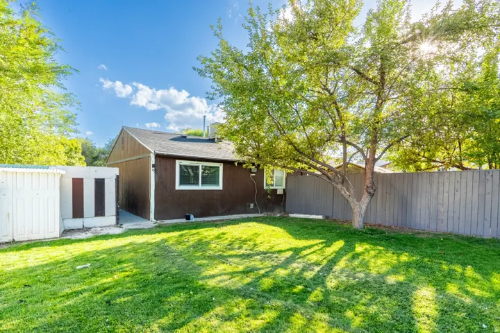 Expansive grassy yard with mature tree, wood privacy fencing, and exterior storage shed