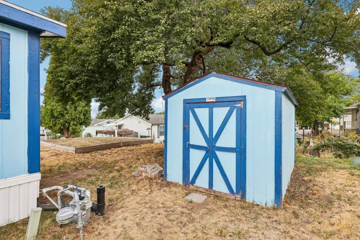 Detached shed with light blue siding and dark blue trim