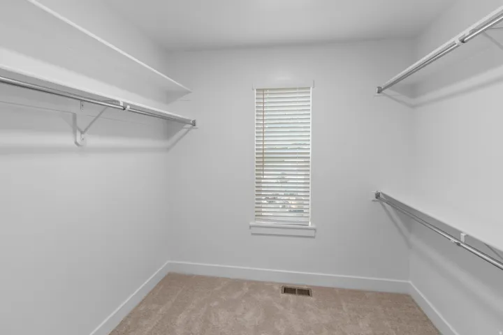 Walk-in closet featuring carpet flooring, built-in shelving, hanging rods, and a window with blinds