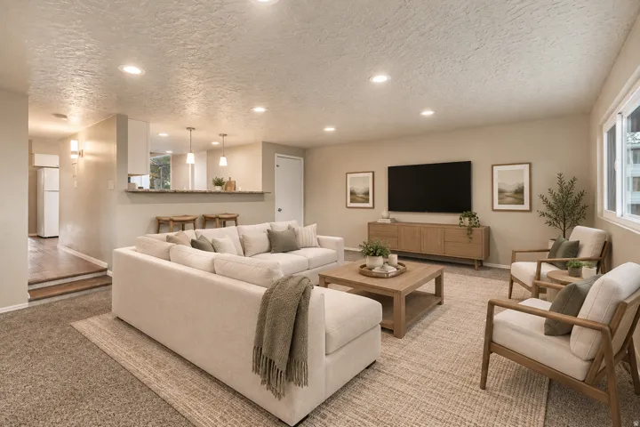 Recessed lighting, wood-finish media console, built-in breakfast bar, pendant lighting, and multiple windows