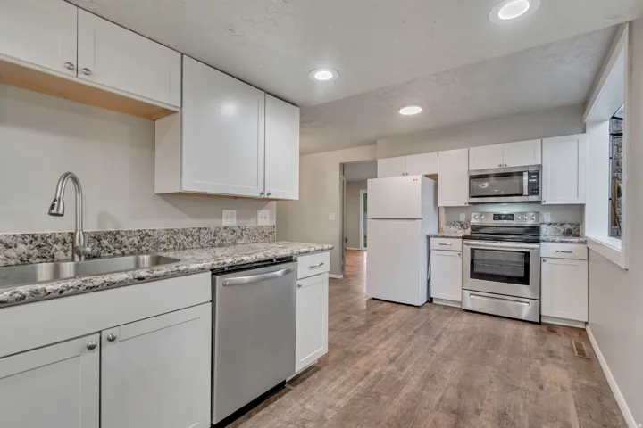 White cabinetry, stainless steel appliances, wood-finish flooring, recessed lighting, and a double basin sink