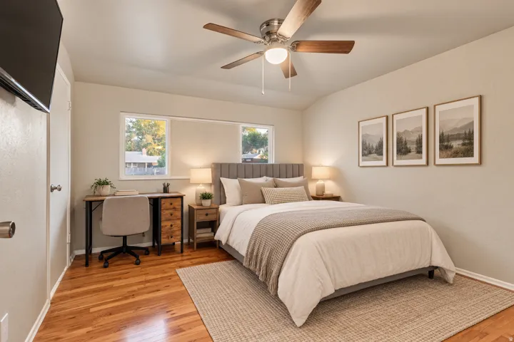 Hardwood flooring complemented by light neutral wall paint