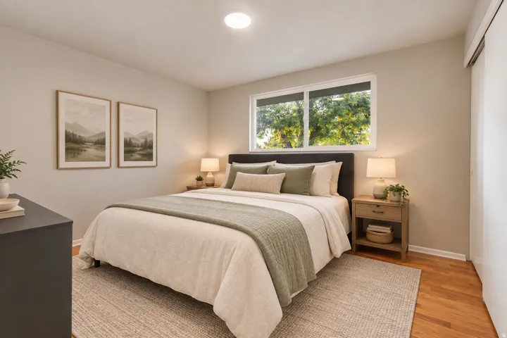Wood-finish flooring, recessed ceiling lighting, a window with exterior tree scenery, light-toned wall paint, and a sliding door
