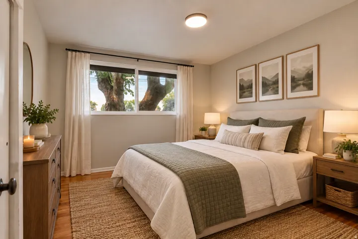 Warm wood-finish flooring with a textured area rug