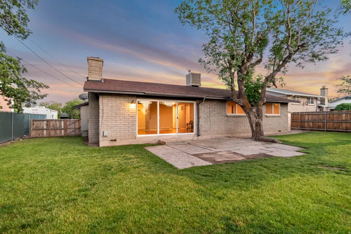 Expansive backyard featuring a manicured lawn, a mature tree, and a concrete patio