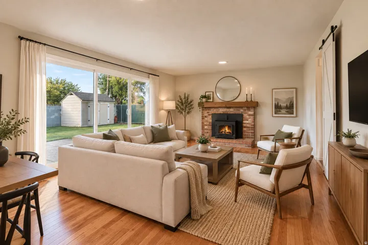 Hardwood flooring, brick fireplace with a wood-beam mantel, sliding glass doors, built-in barn door, and recessed lighting