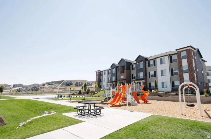 Multi-story residential buildings with varied exterior finishes