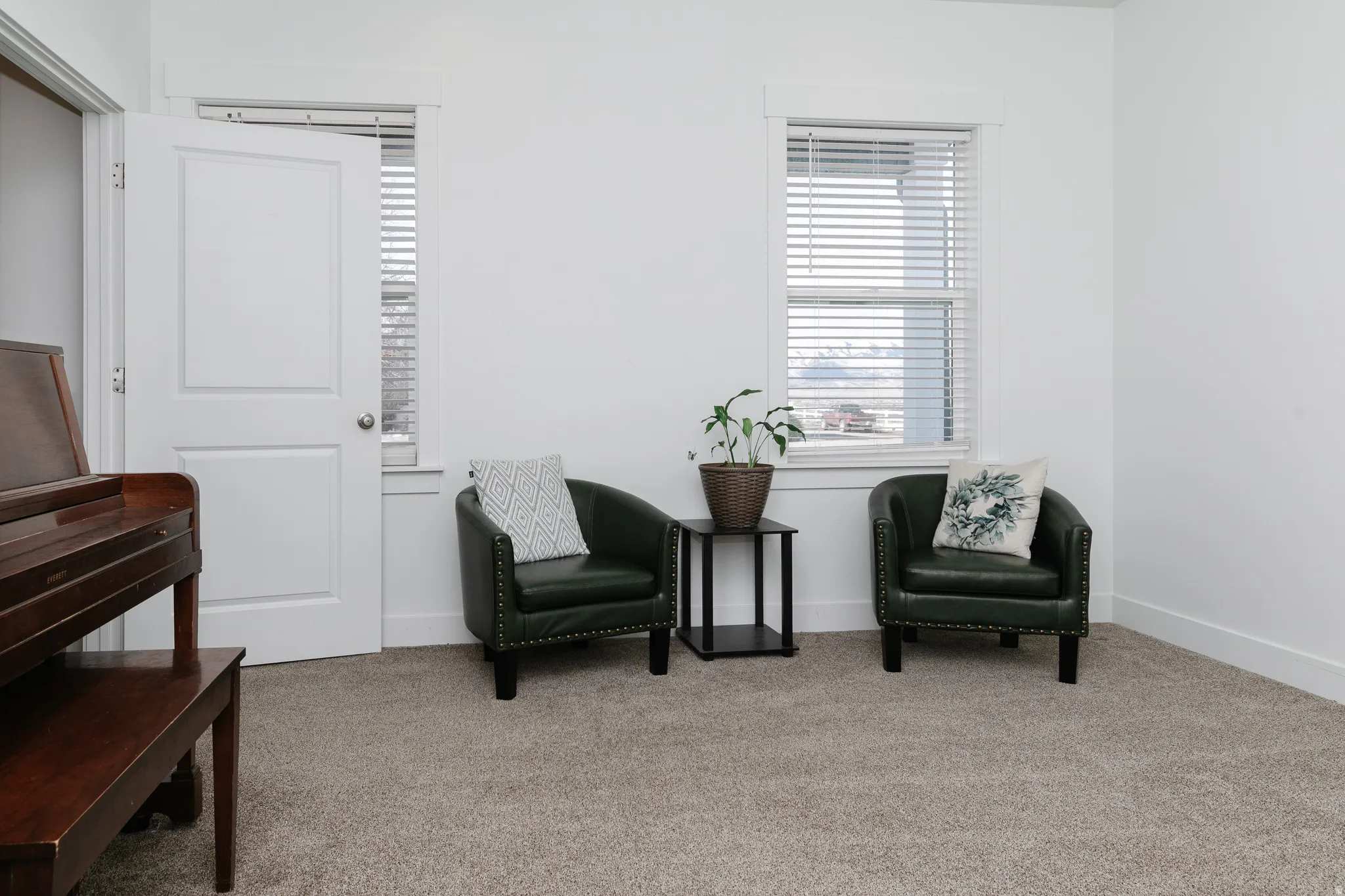 White interior walls with matching trim, carpeted flooring, and a multi-panel interior door