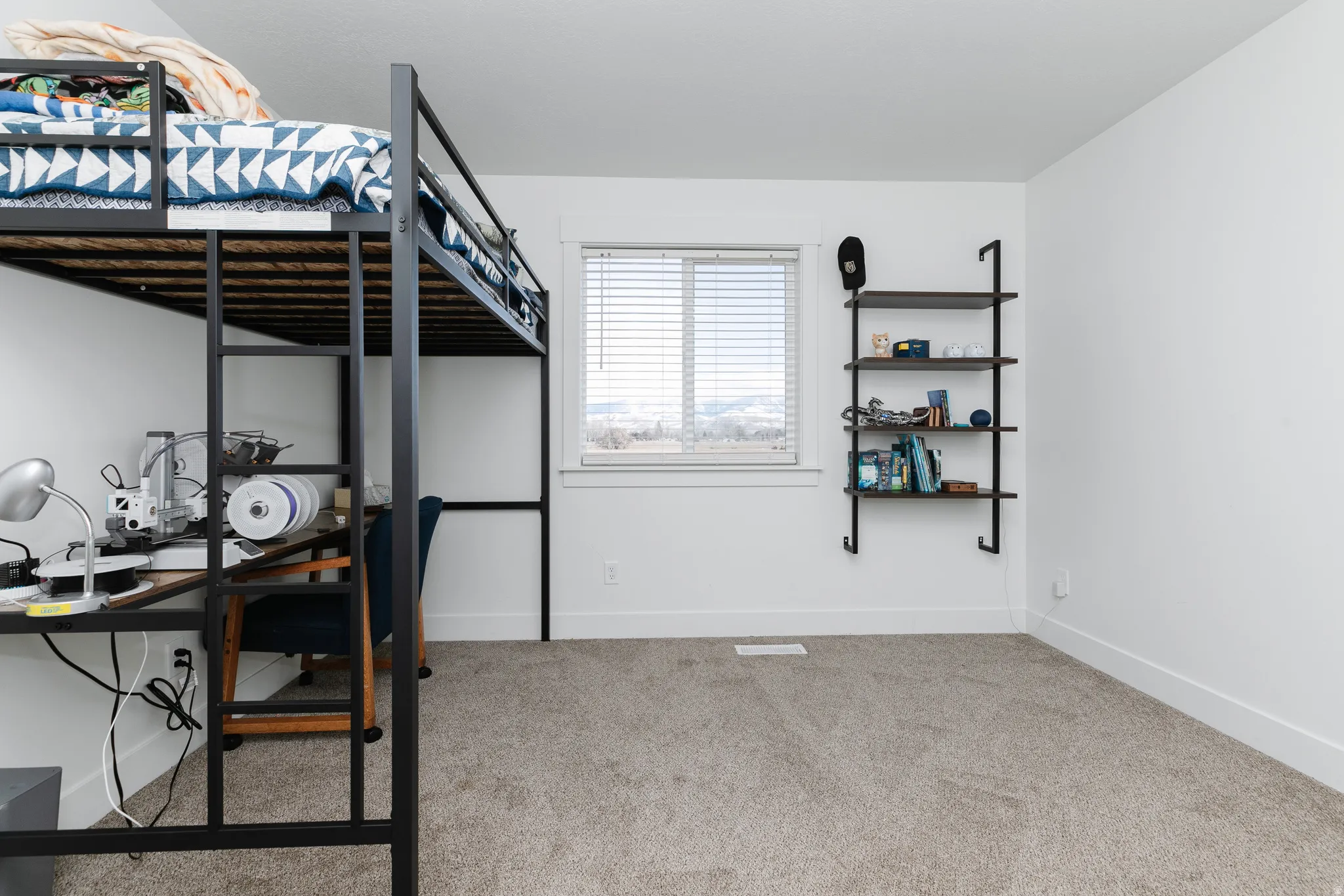 Wall-mounted shelving unit, window with blinds, and neutral carpeting