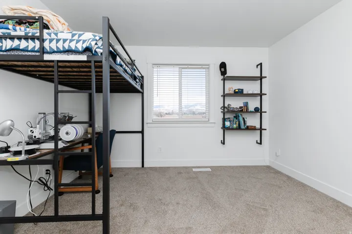 Wall-mounted shelving unit, window with blinds, and neutral carpeting