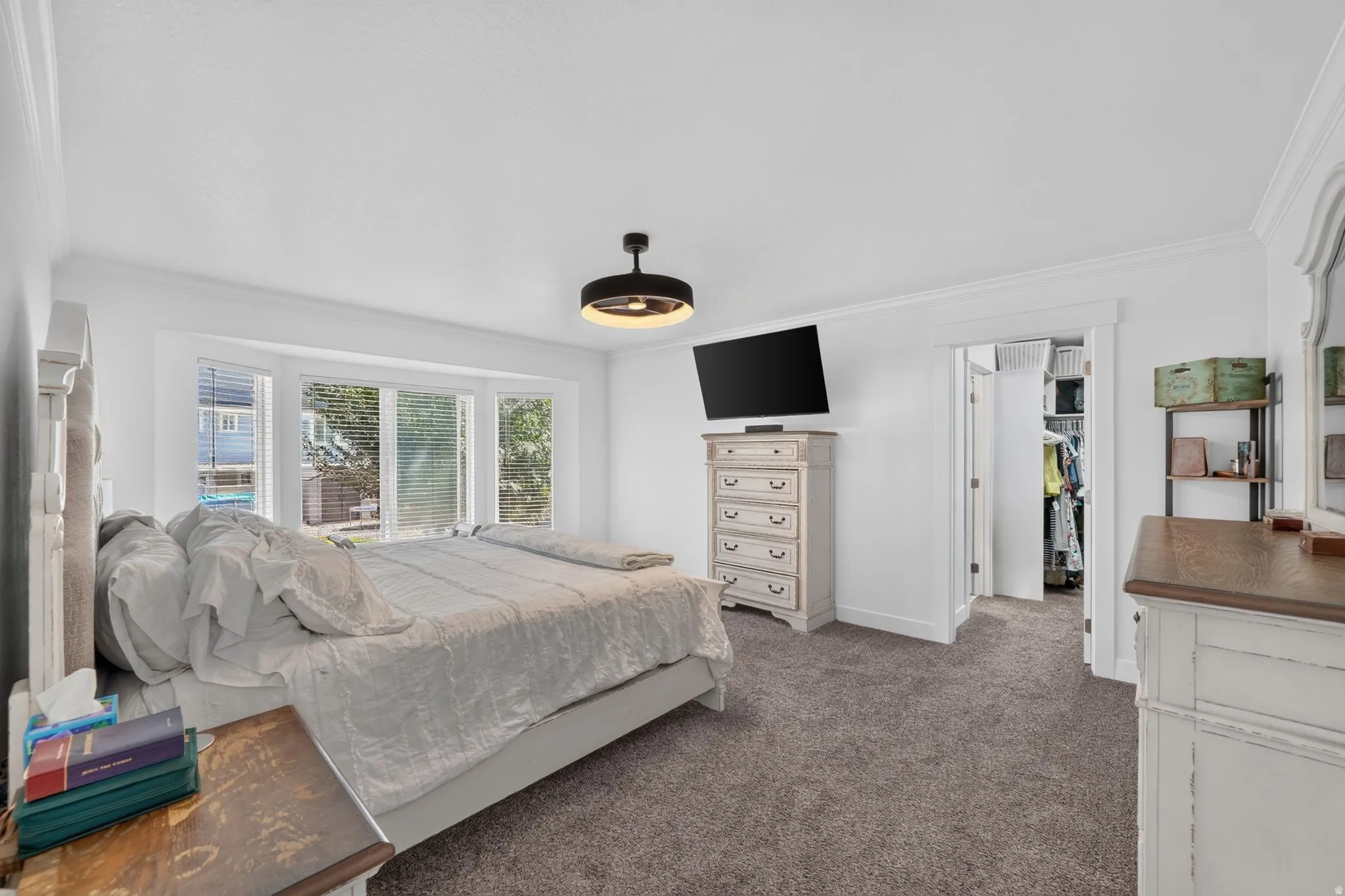 Bay window with natural lighting, textured carpet flooring, ceiling-mounted light fixture, white trim details, and an adjacent walk-in closet