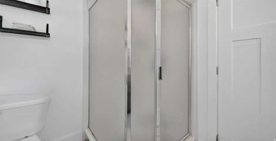 Frosted glass shower enclosure with chrome framing, adjacent to a white toilet