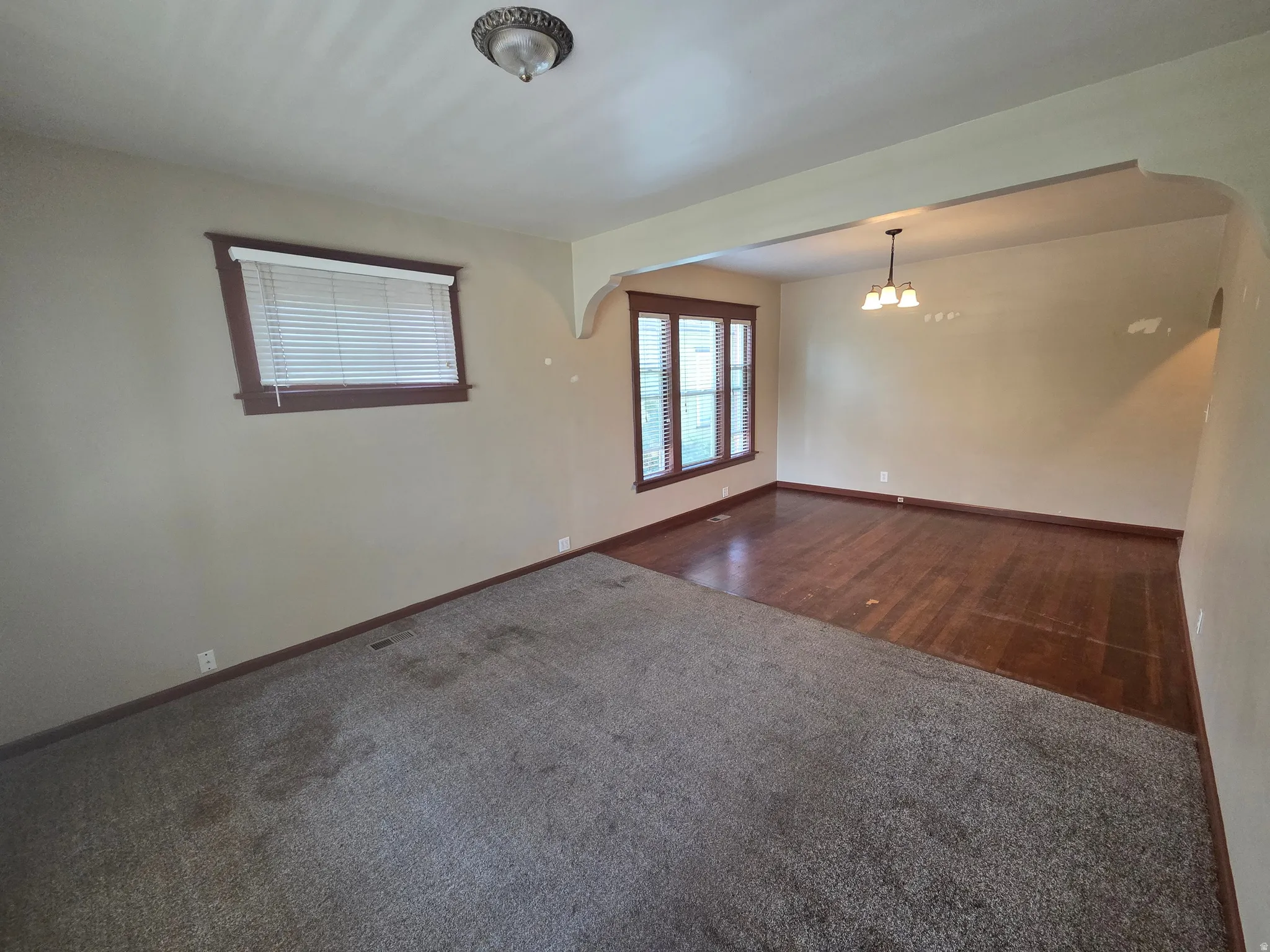 Carpeted flooring, wood-finish flooring, multiple windows with blinds, arched doorway, and a ceiling-mounted light fixture