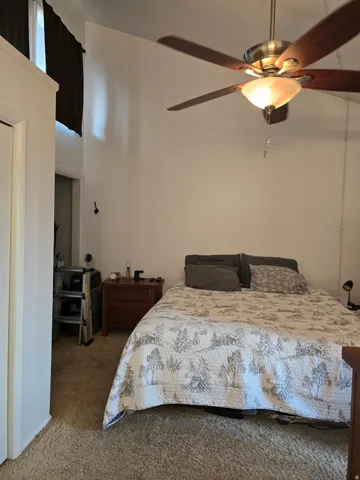 Integrated ceiling fan with light fixture, high ceilings, and plush carpet flooring