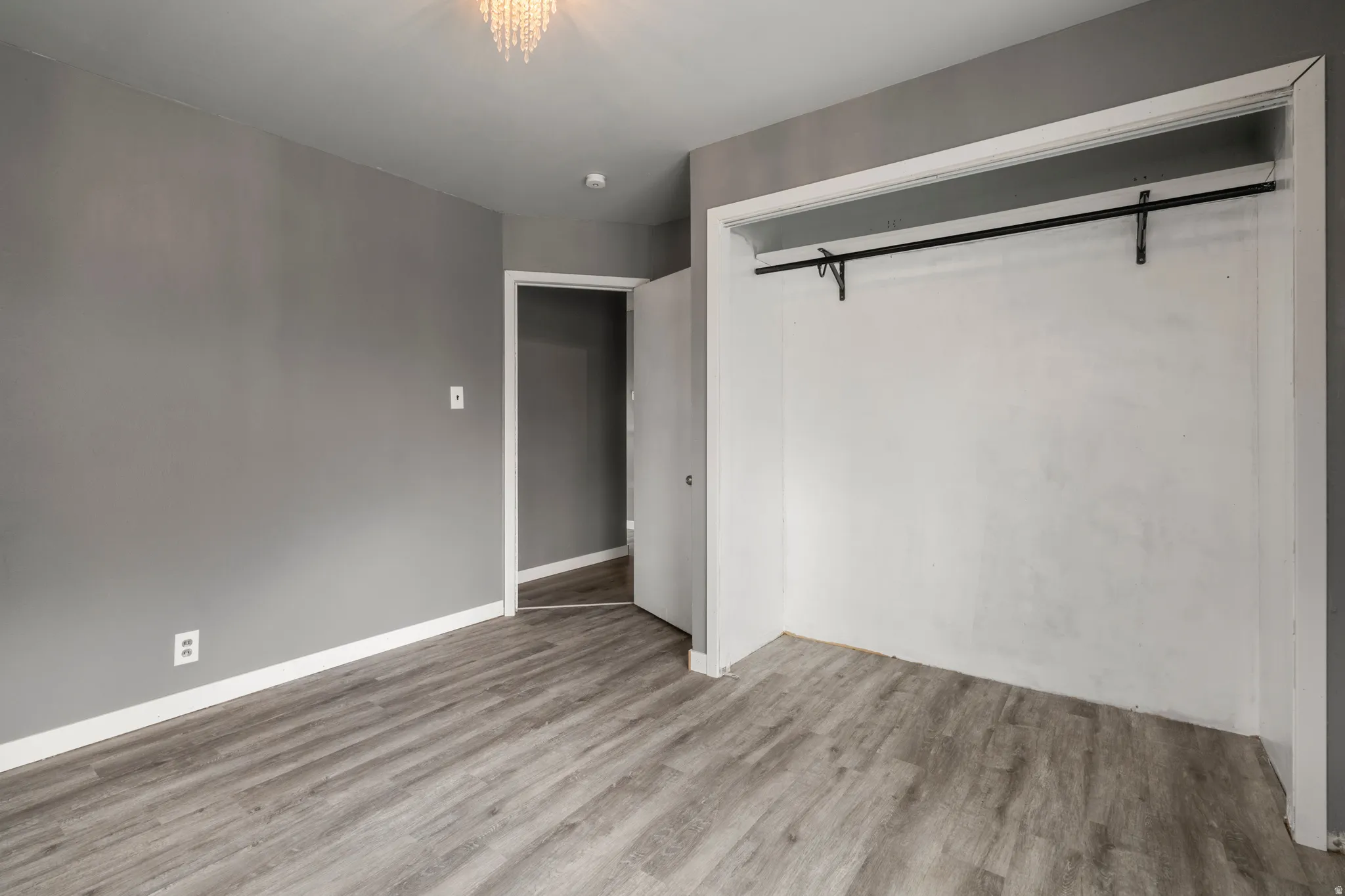 Gray painted walls, wood-finish flooring, recessed lighting, and a built-in closet with a hanging rod