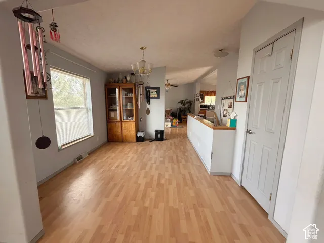 Wood-finish flooring, white paneled door, built-in display cabinetry, and a ceiling-mounted light fixture