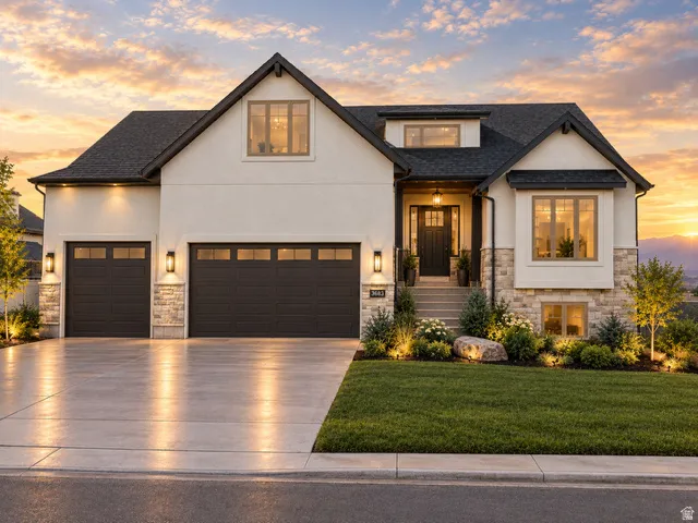 Stucco and stone exterior with dark trim accents