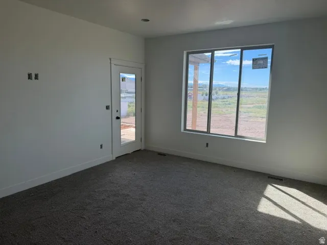 Neutral wall paint, plush carpet flooring, recessed lighting, and a full-light door