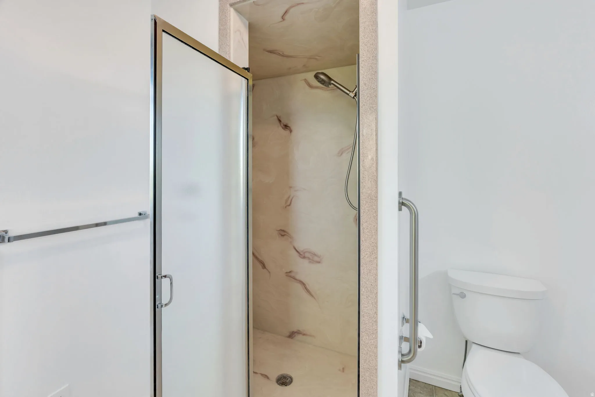Separate Tub/Shower, Frosted glass shower enclosure and white toilet