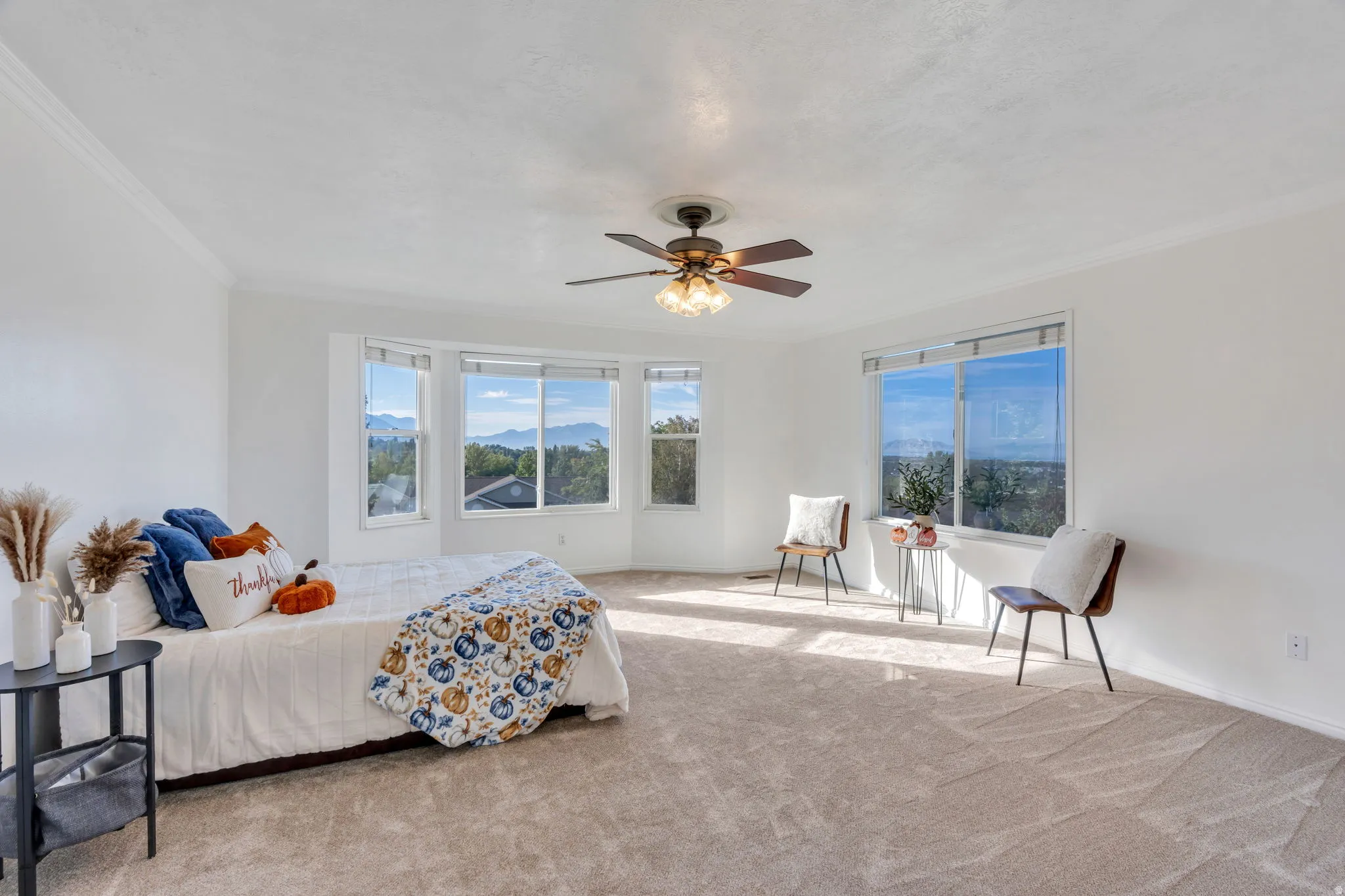 Spacious primary bedroom suite flooded with natural light through expansive windows, neutral carpet flooring, ceiling fan with integrated lighting fixture, and panoramic vistas of surrounding hillside landscape.