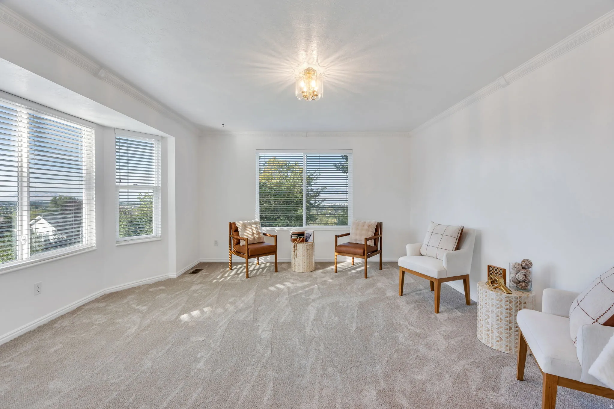 Large Front Entry room with Bay window with new light-toned carpeting