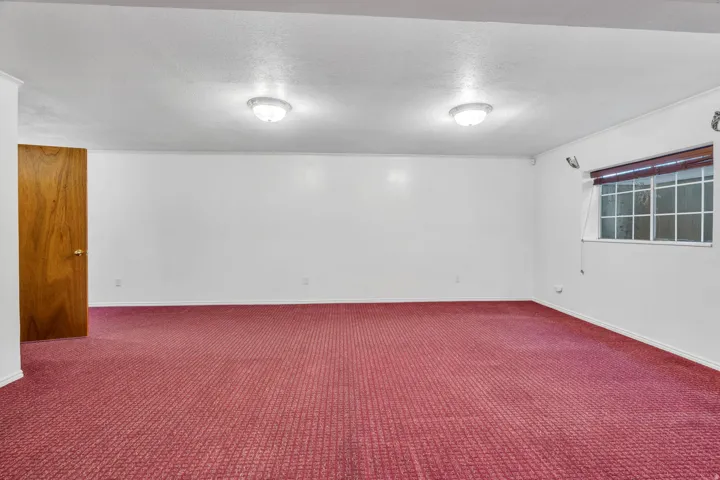 Basement: Expansive room featuring carpet flooring, white walls and a window with blinds