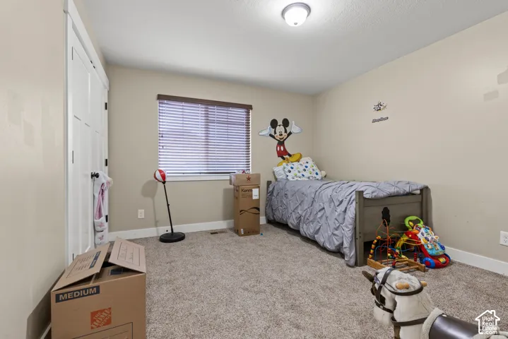 Carpeted flooring, window with blinds, and a flush mount ceiling light fixture