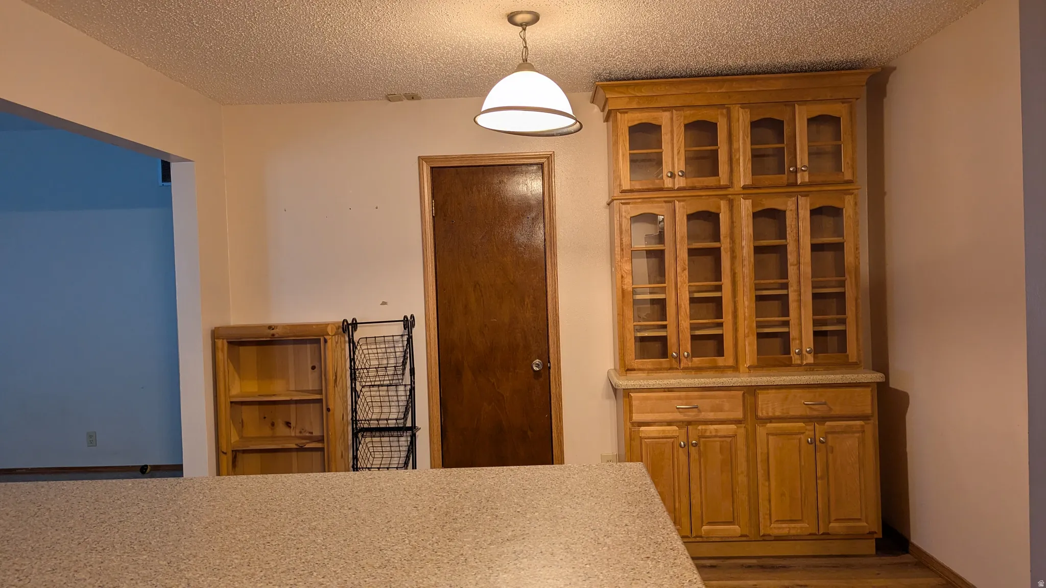 Custom built-in display cabinetry with glass fronts and lower storage, complemented by a light-toned countertop surface