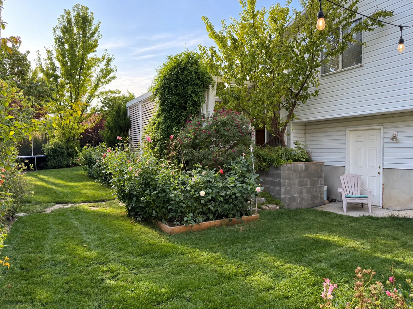 Expansive lawn with mature trees and a white siding exterior