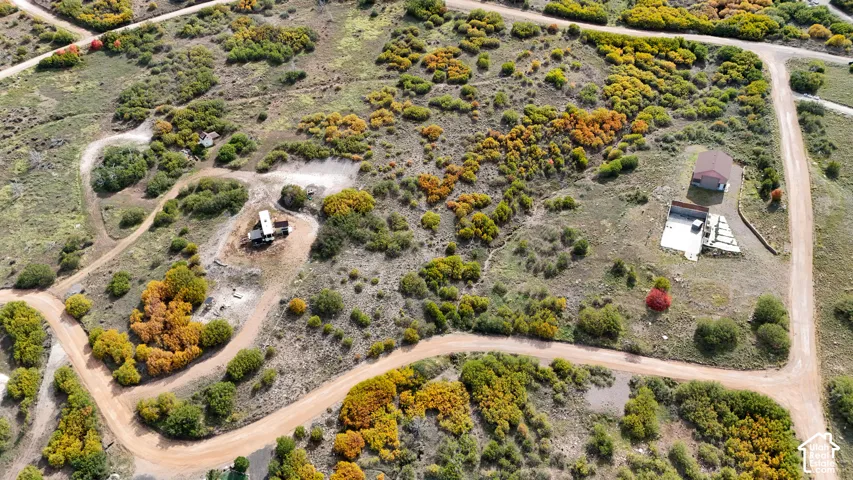 Aerial perspective of expansive acreage featuring native vegetation, unpaved road access, and multiple structural footprints