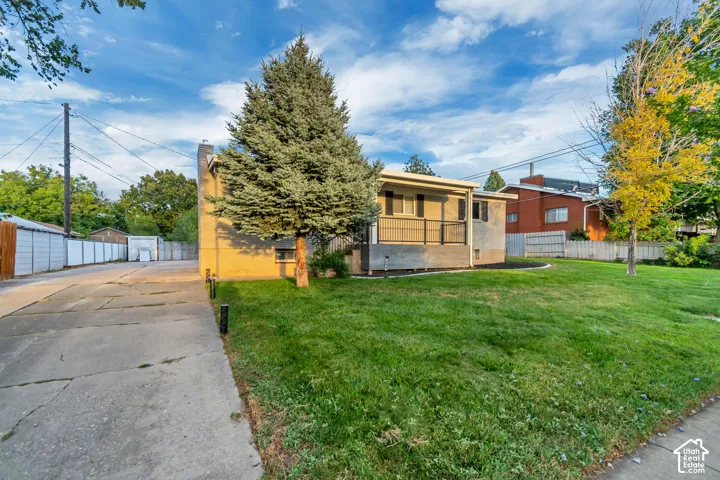 Spacious front lawn with mature evergreen trees, concrete driveway, and front porch with black metal railings